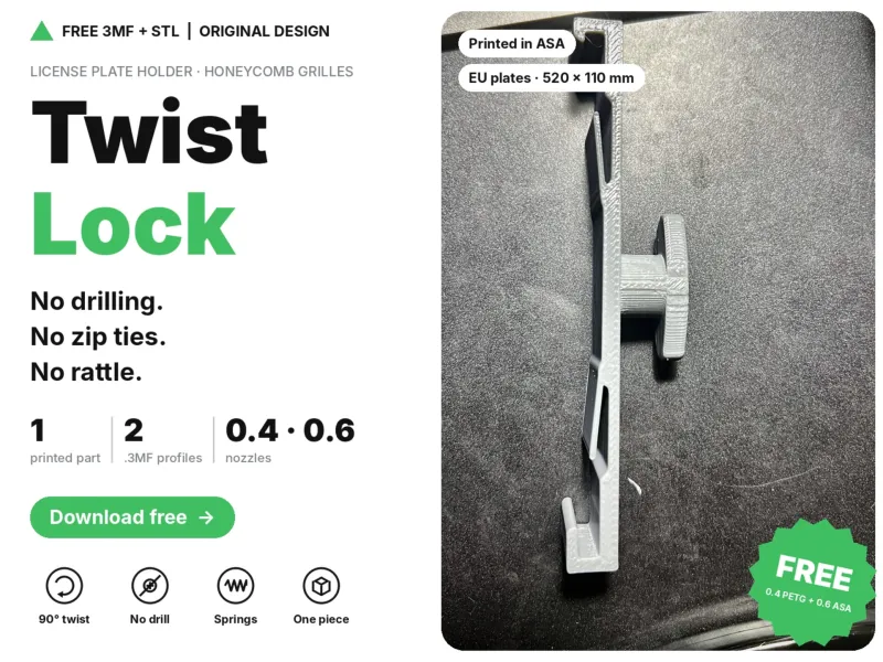 TwistLock Plate Holder – Honeycomb Grille, No Drill