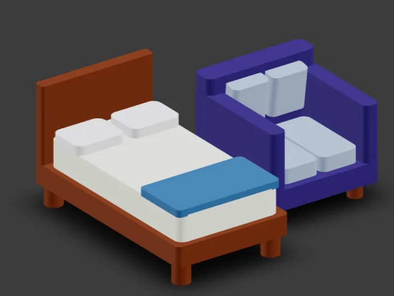 miniature bed and two-seat couch