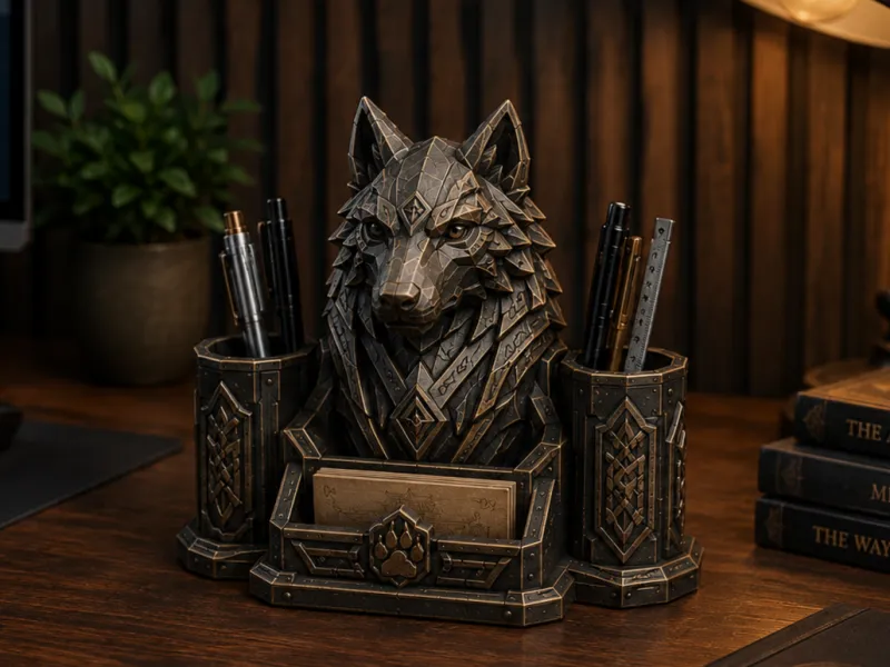 Wolf Guardian Desk Organizer | Fantasy Pen Holder & Card Sta