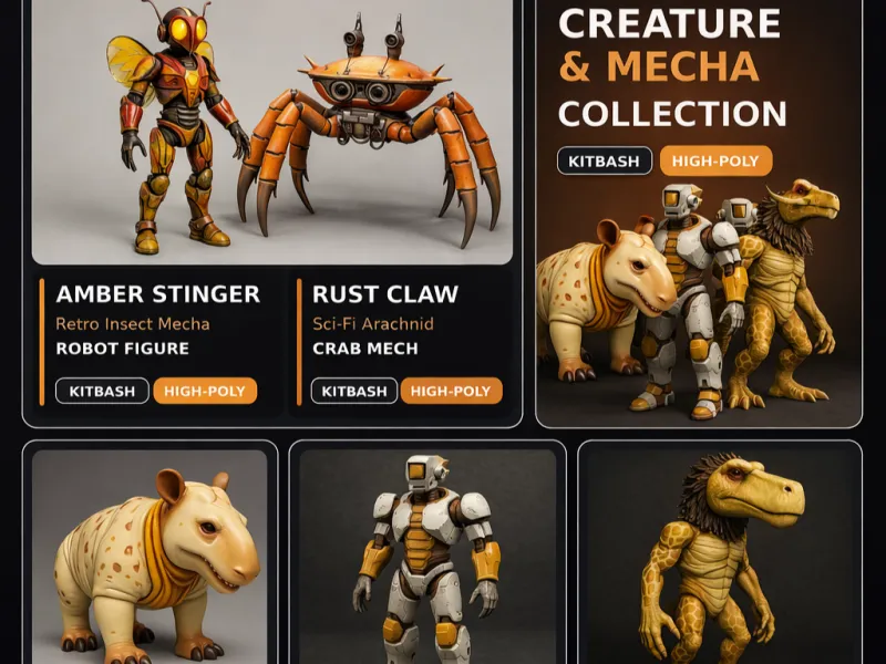 Colección de Criaturas y Mechas – Personaje Kitbash de Alto Poligonaje