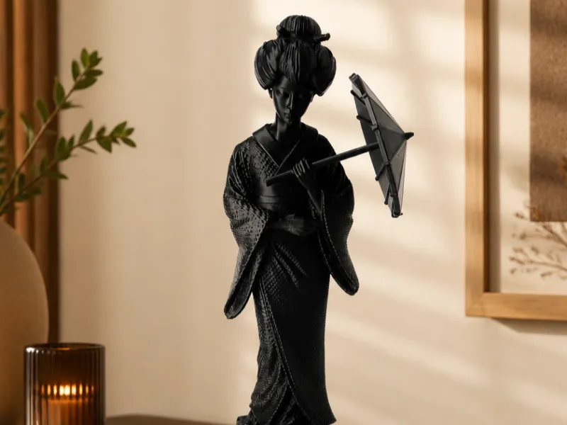 Geisha with a Parasol Sculpture - Japanese-Inspired Art