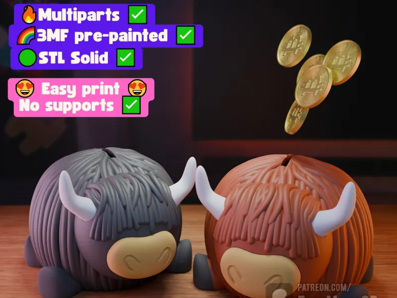 highland cow piggy bank, 3MF, STL - Multiparts - No Support