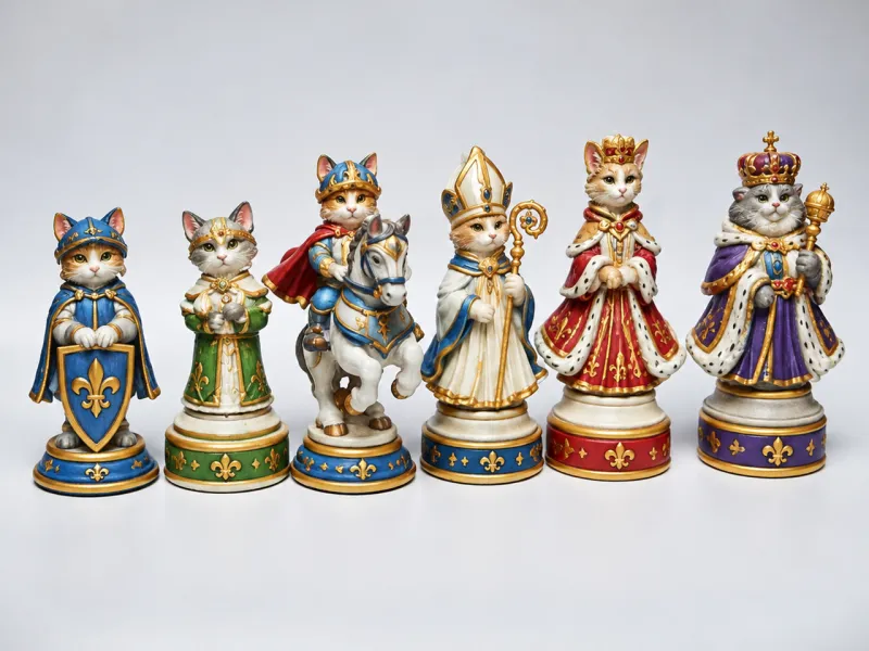 Piezas de ajedrez al estilo de gatos caballeros.