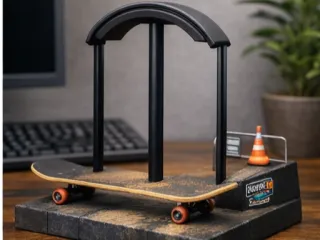 desk stand shaped like a skateboard