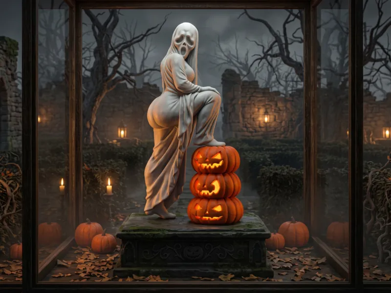 Spookachtige Maagd op Halloweenpompoenen