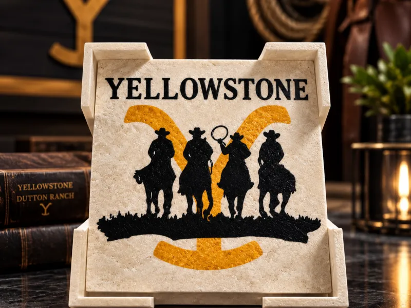 Ensemble de sous-verres carrés en pierre jaune avec support