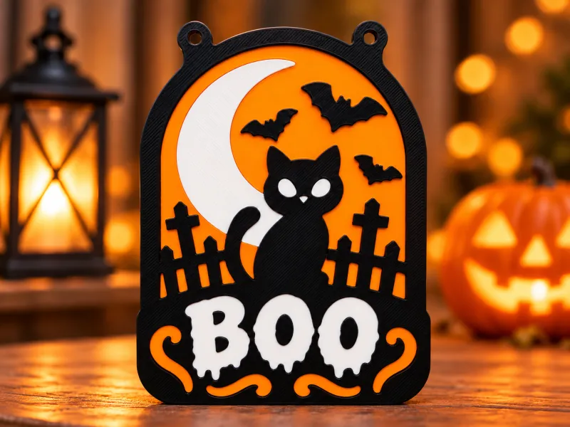 Подвесная табличка "BOO" с кошкой на Хэллоуин