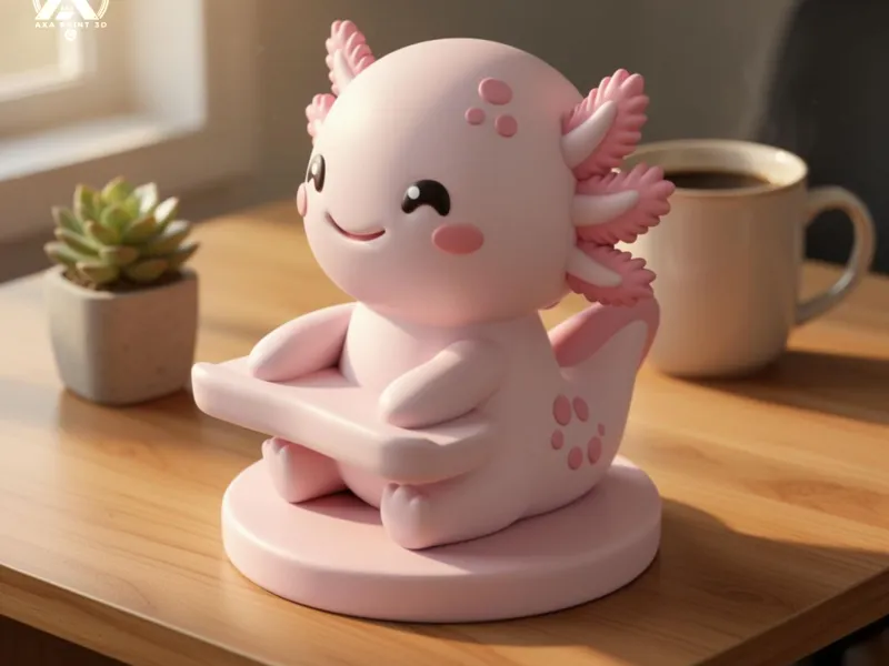 Подставка для телефона в виде чиби-аксолотля — милый настольный питомец, 3D-модель