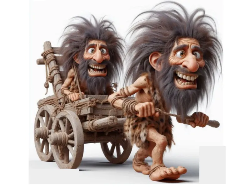 Cartoon Caveman Duo with Wooden Cart