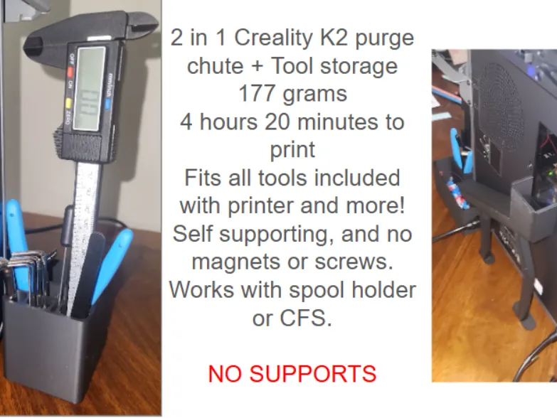2 in 1 Purge chute for Creality k2, with tool storage.