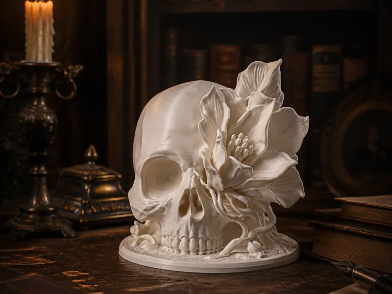 Skull Flower Sculpture - Gothic Floral Statue