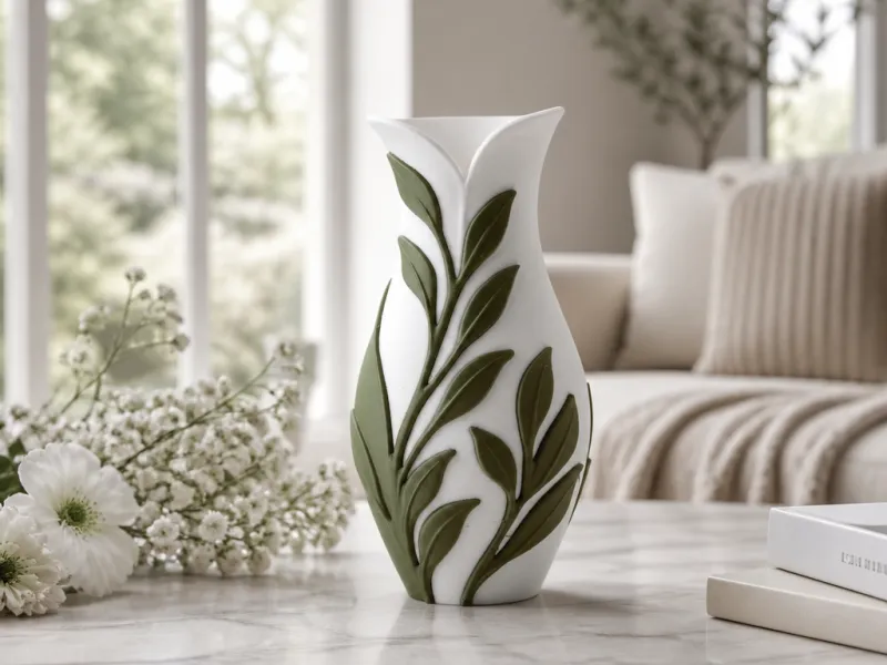Botanical Leaf Vase - White and Green Decorative Flower Vase