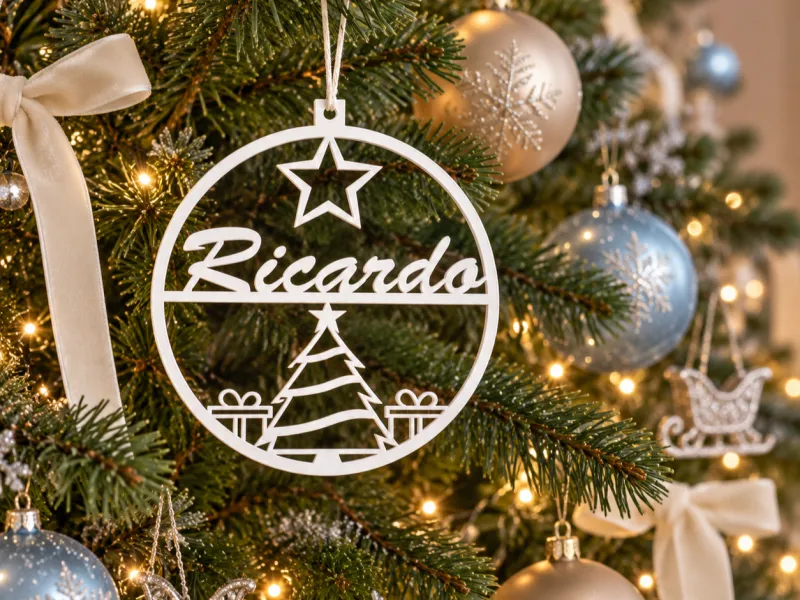 Kerstornament Ricardo met Boom, Sterren en Cadeaus