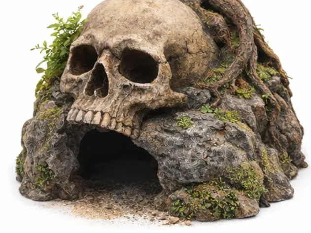 Skull-shaped rock hide for terrariums