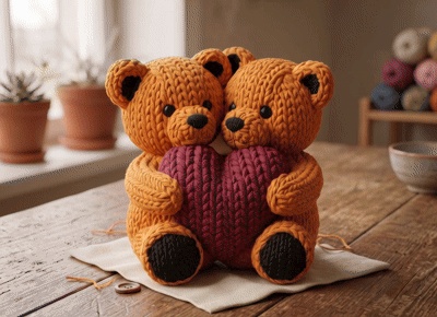 Knitted Couple Teddy Bears Holding a Heart