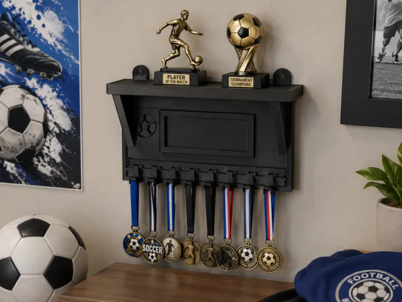 Suporte Compacto para Medalhas de Futebol com Prateleira para Troféus