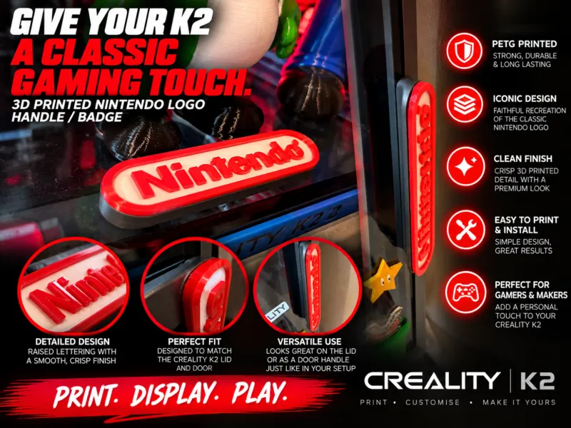 Porta e tampa para mod do Creality K2 com logotipos da Nintendo
