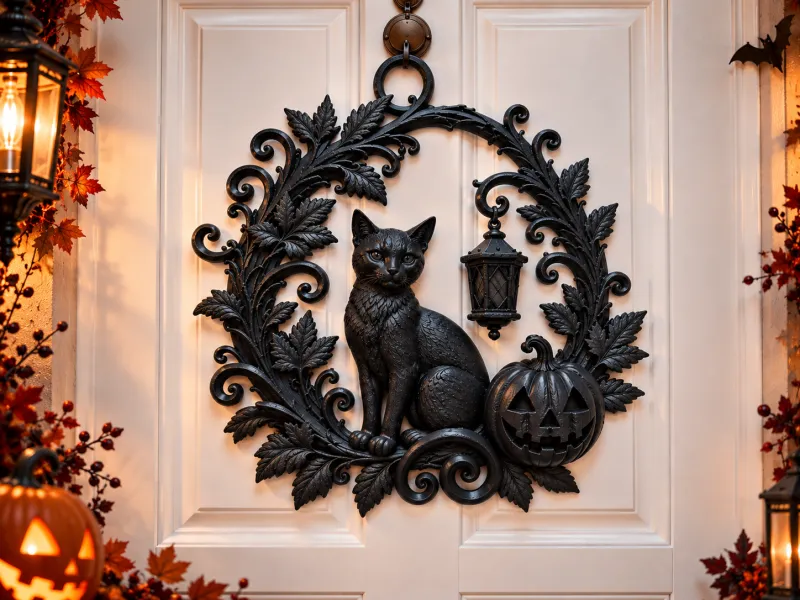 Halloween Zwarte Kat Krans – Deurdecoratie