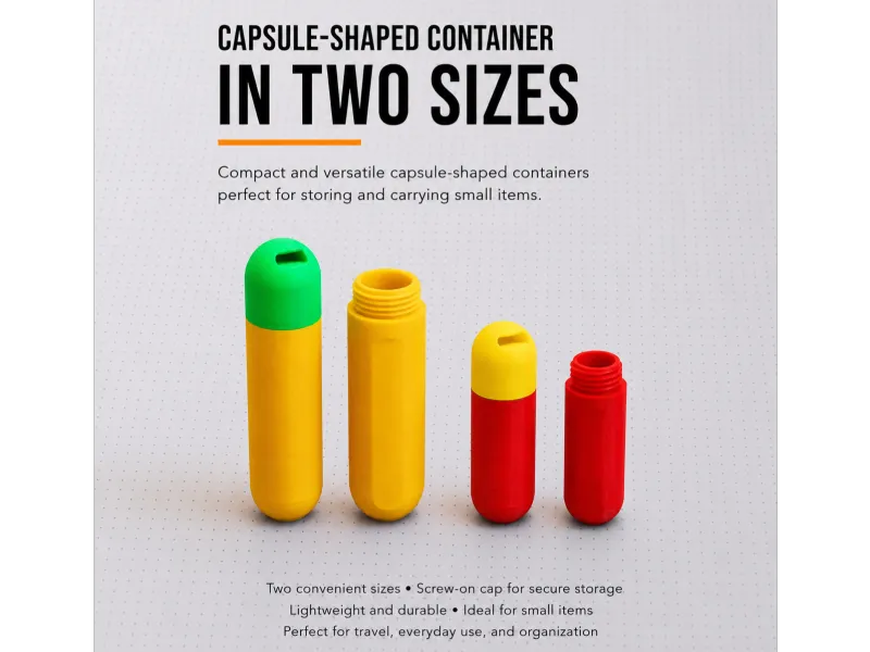 Contenitore a forma di capsula in due formati.