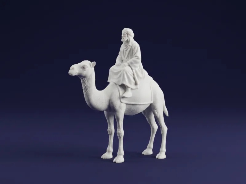 Modelo 3D en miniatura de un viajero del desierto montando un camello