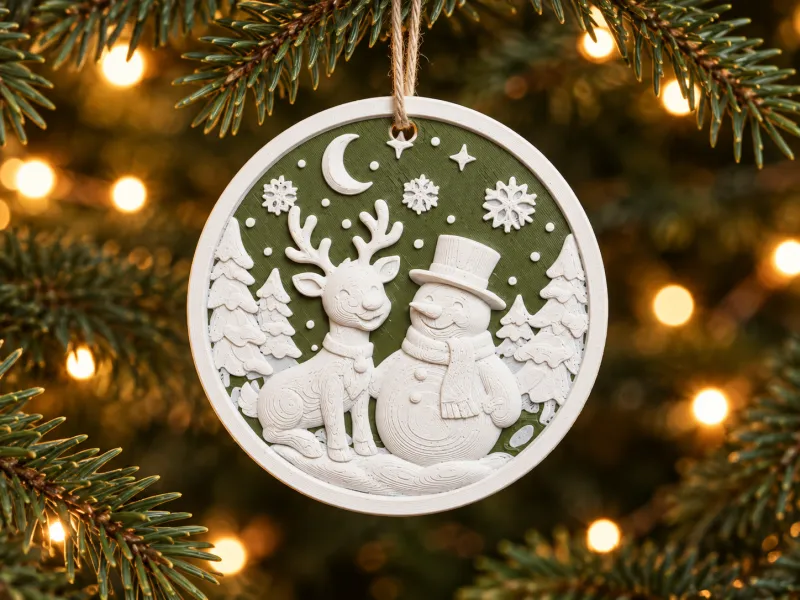 Pingente de Natal com Rena e Boneco de Neve