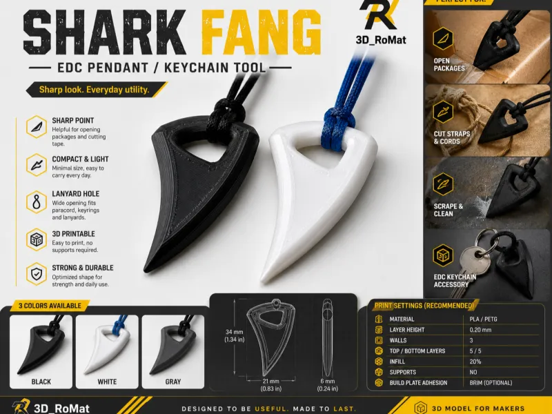 Shark Fang – 3D Printable EDC Pendant / Keychain Tool