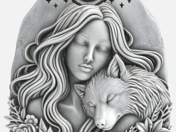 Mother Earth and Wolf stone relief painting