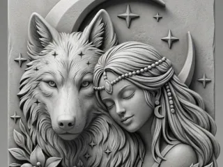 Wolf and fairy in a stone painting