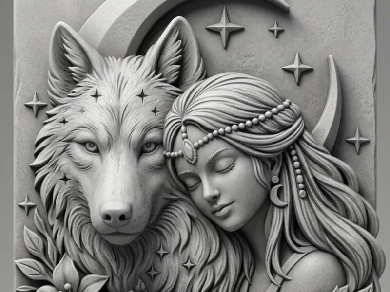 Wolf and fairy in a stone painting