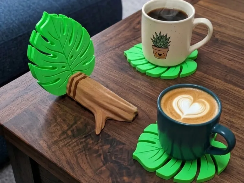 Monstera Leaf Coasters on Holder
