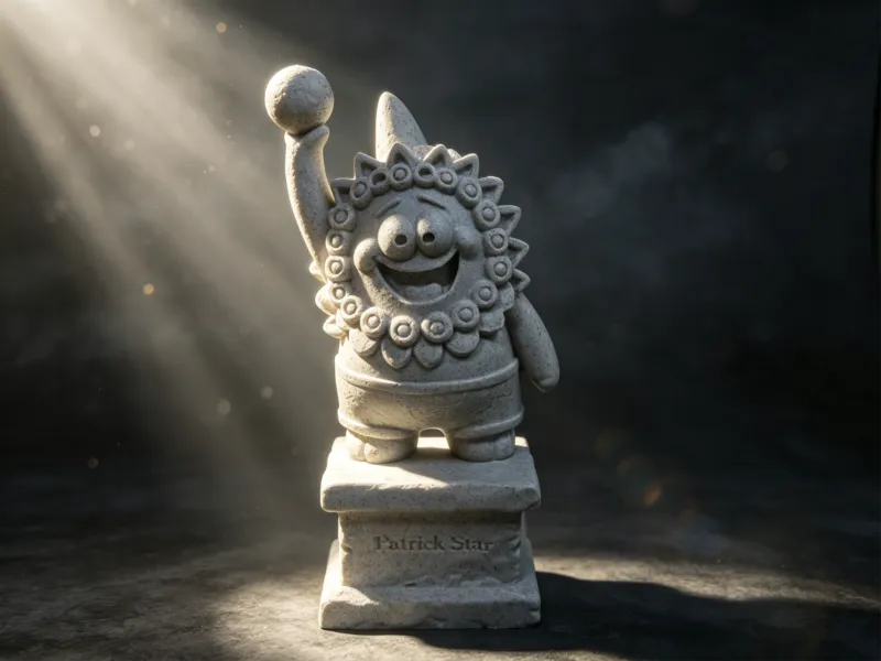 Patrick Star soulevant une boule, statue de lion en pierre
