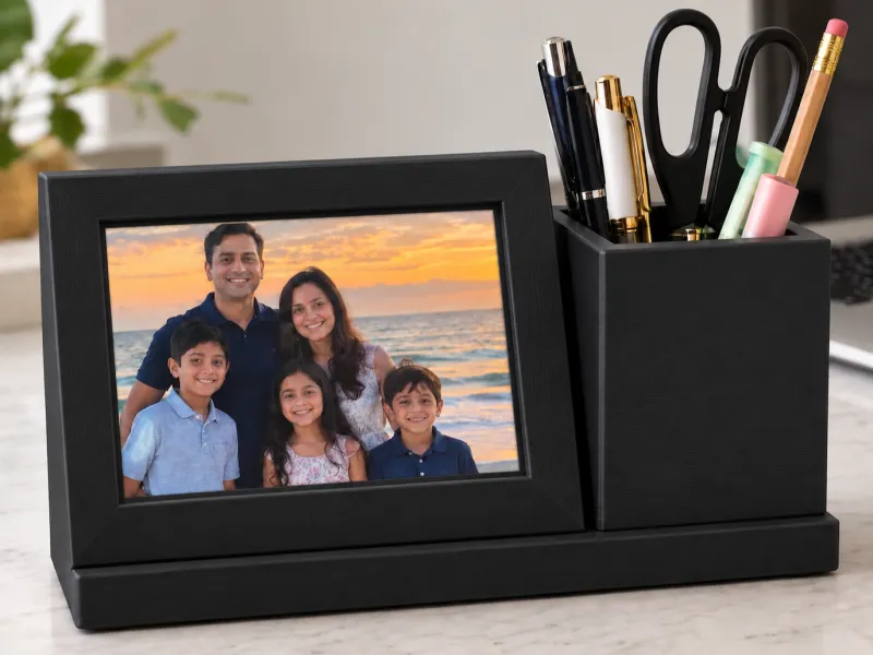 Photo frame with pencil holder