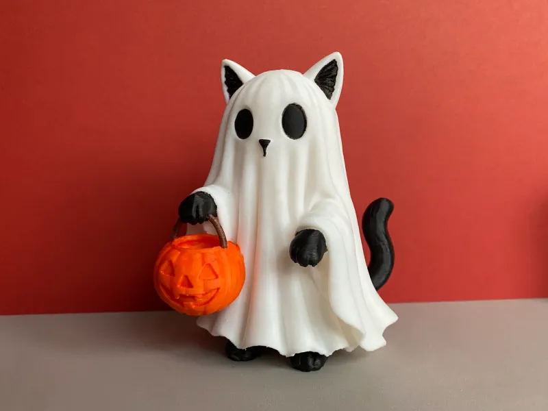 Halloween Ghost Cat with Pumpkin