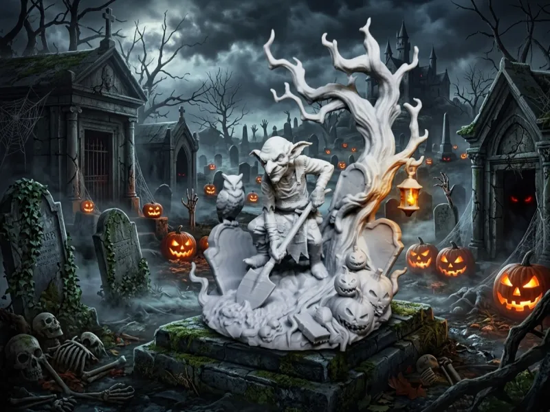 Duende do Cemitério com Pá e Coruja - Edição de Halloween