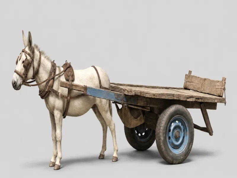 3D Donkey with Traditional Wooden Cart