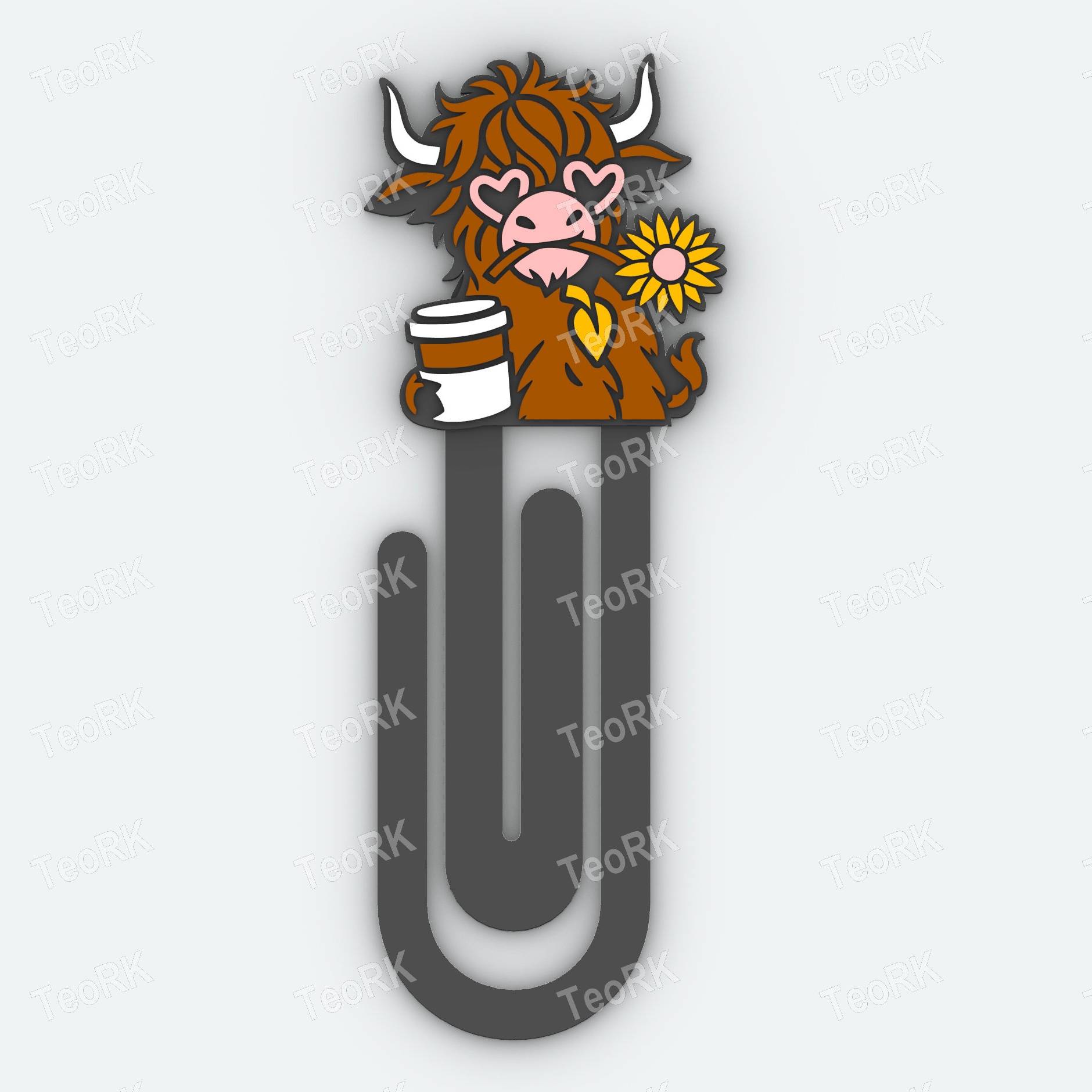 Paperclip Highland cow in love, happy with a sunf - bookmark