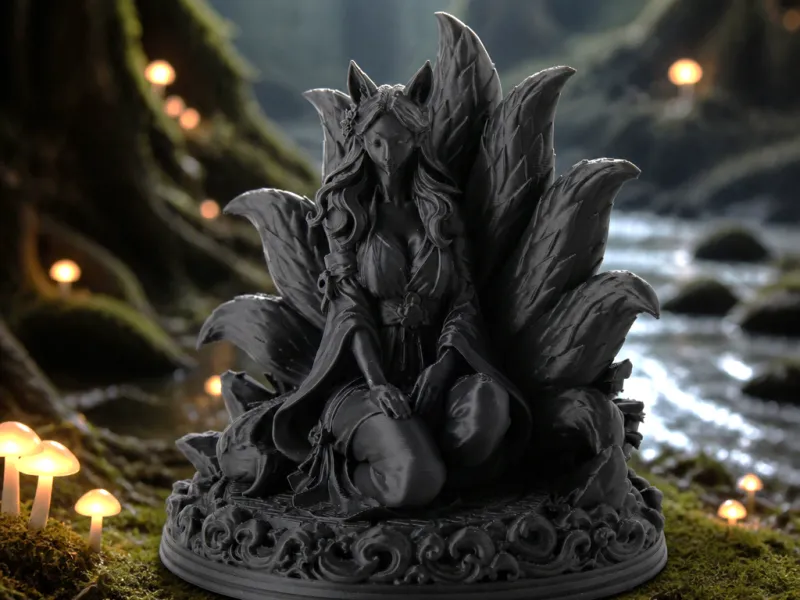 Neunschwänzige Kitsune-Figur im eleganten Fantasy-Stil