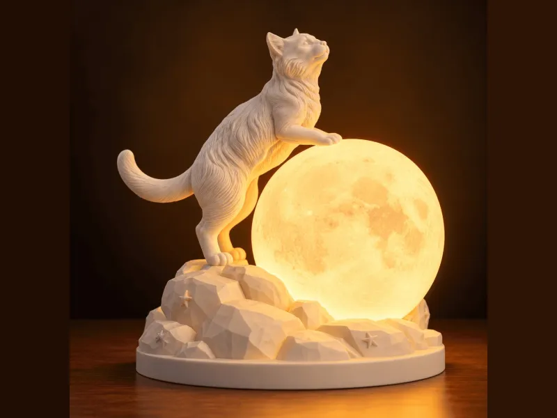 Moonlit Cat Lamp | Cat Night Light with Glowing Moon