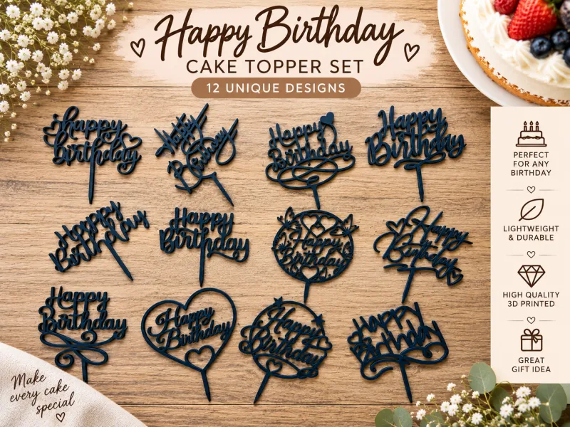 Fijne Verjaardag Taarttopper Set – 12 Ontwerpen