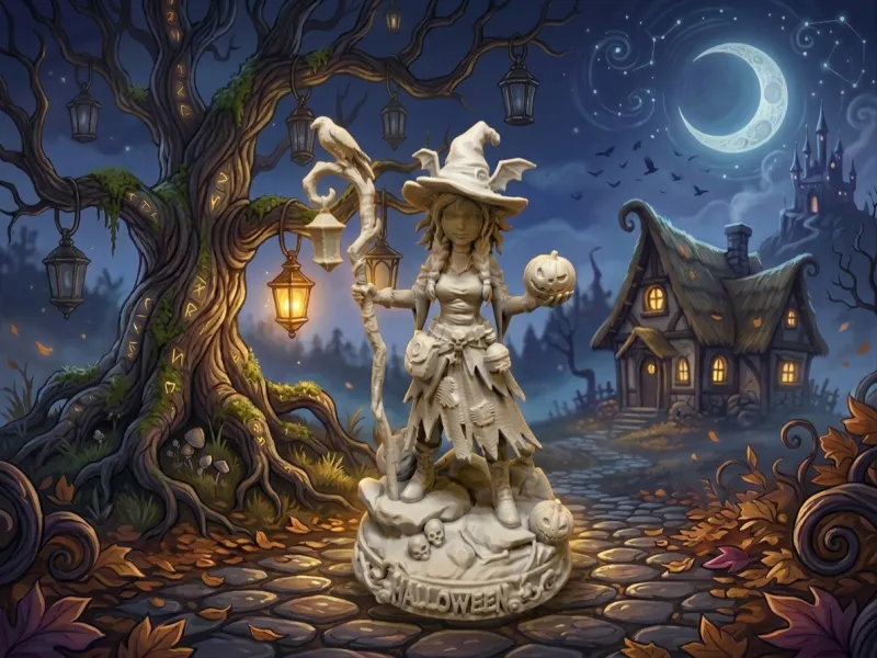 Sorcière d'Halloween avec corbeau et bâton à lanterne