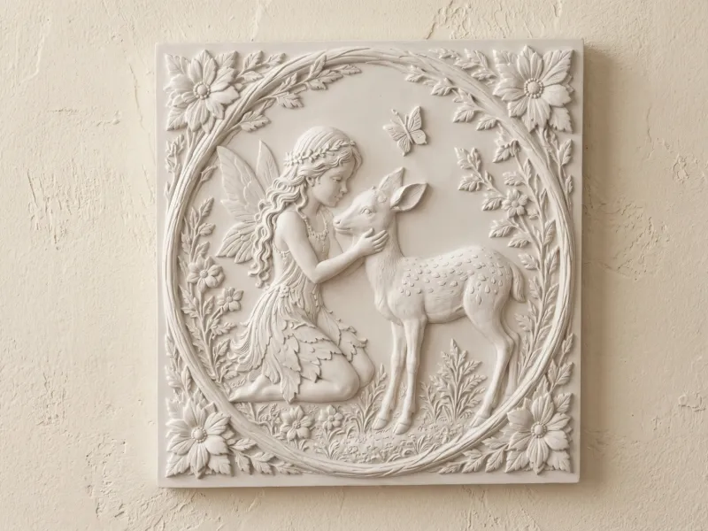 Fairy and Fawn Bas Relief Woodland Fairy Wall Art