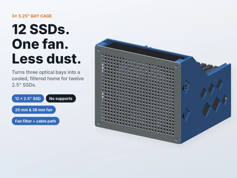 3× 5.25" Bay → 12× 2.5" SSD Cage with Filtered 120 mm Fan