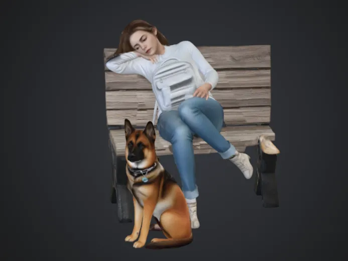 Mujer Recostada En Banca Descansando Junto A Su Perro