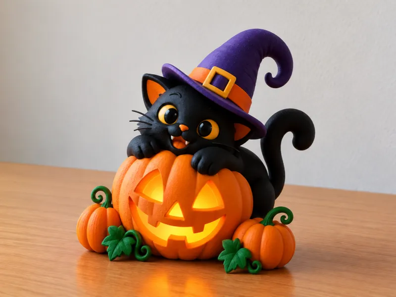 Abóbora com Gato Bruxo de Halloween