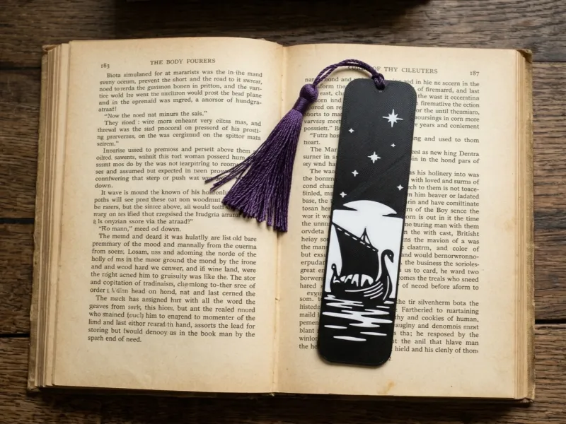 The Ship Bookmark – Swan Ship & Night Sky Silhouette