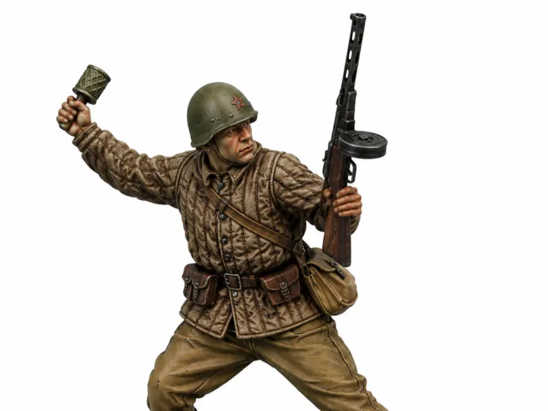 Soldado soviético lanzando una granada en 32 mm y 1/35 para juegos de tablero