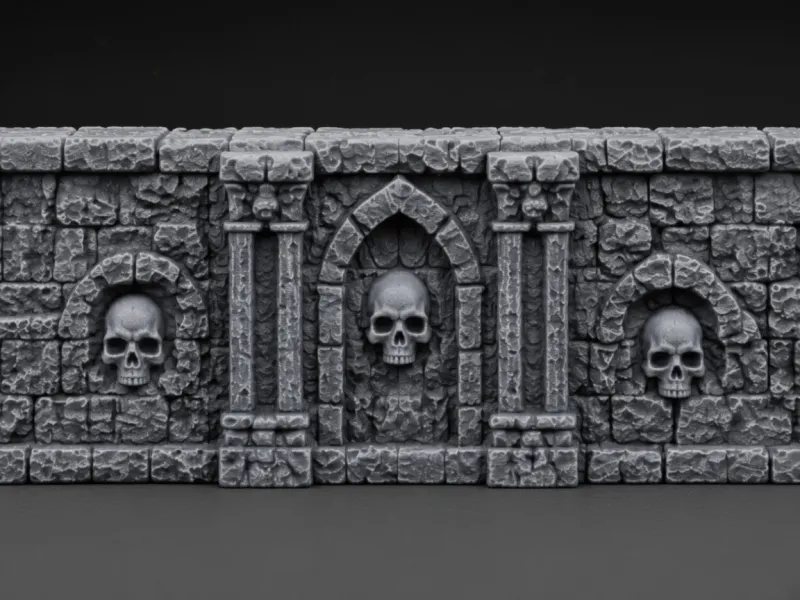 Parede de pedra gótica com caveiras