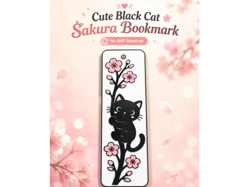 Black Cat & Sakura Bookmark – 3-Color Layered Print, No AMS