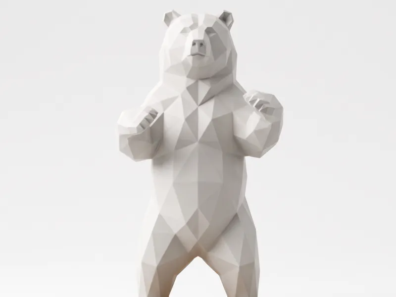 Low-Poly Geometric Bear Statue on Wooden Base