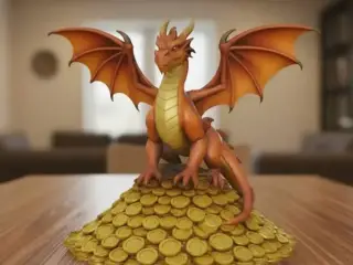 winged dragon on a mountain of gold coins